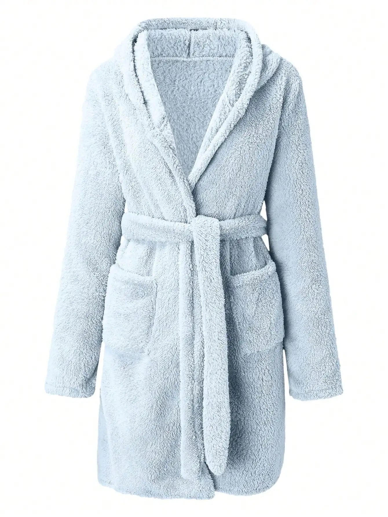 1 piece of women's solid color hooded robe with belt, cozy and warm fleece pajamas for home wear in autumn and winter.