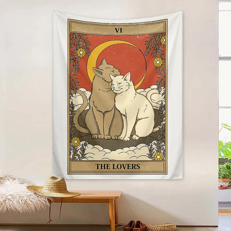 1pc Tarot Cat Tapestry, Moon Phase Sun Universe Starry Sky Tapestry, Cute Cat Wall Hanging