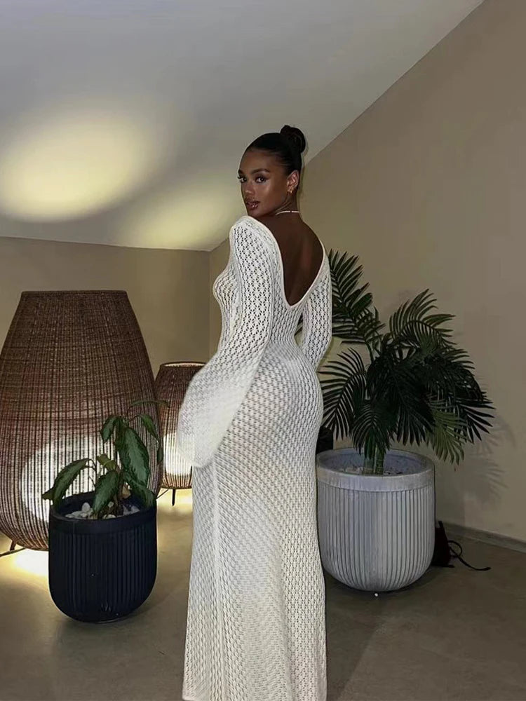 Women's Openwork Knitted Long Dresses 2024 Summer Beach V-Neck Backless Maxi Dress Bikini Cover-ups Beachwear