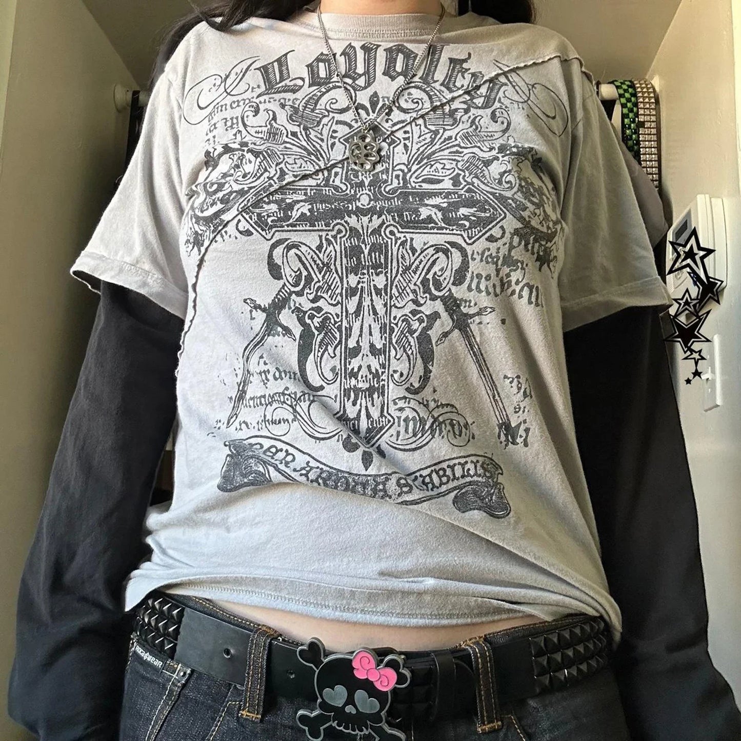 2000s Y2K Cyber Grunge Vintage T-shirt Graphic Print O Neck Long Sleeve Tee Women Slim Fit Crop Tops EGirl Skater Emo Streetwear