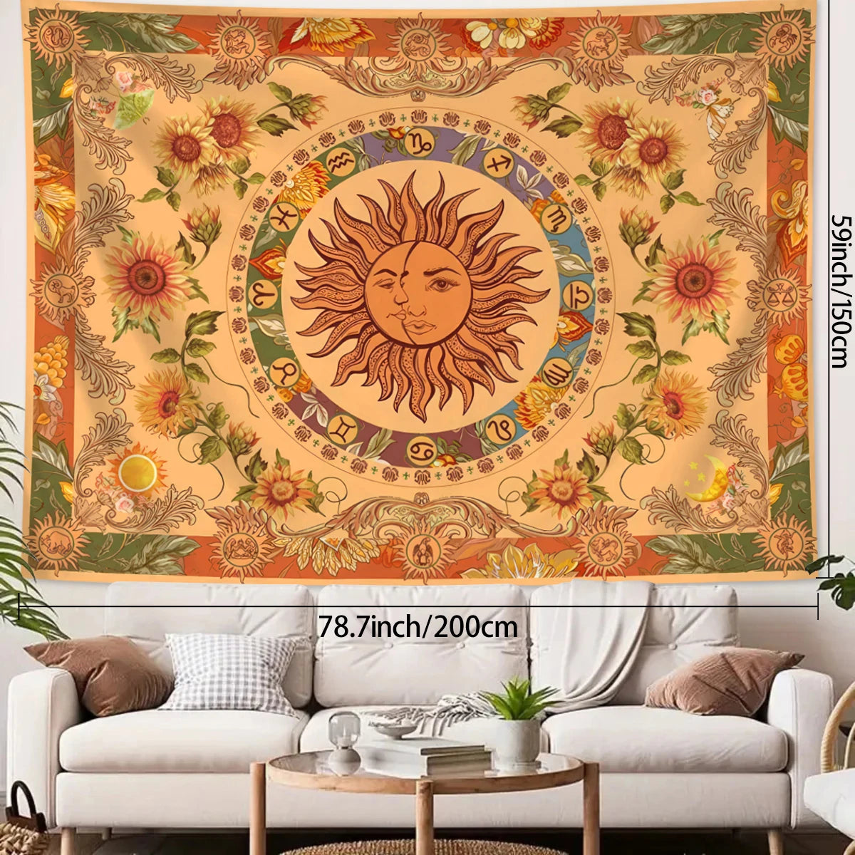 1pc Sun Moon Fantasy Tapestry, Retro Ethnic Wave Simia Tapestry, Sunflower Constellation Aesthetic Wall Hanging