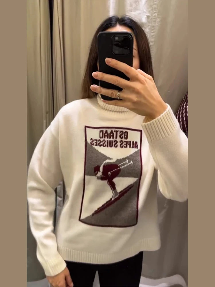 Women's 2 Pcs Suits Printed Pullover Sweater Pants Sets Street Female Turtleneck Long Sleeve Tops High Waist Trousers New Outfit