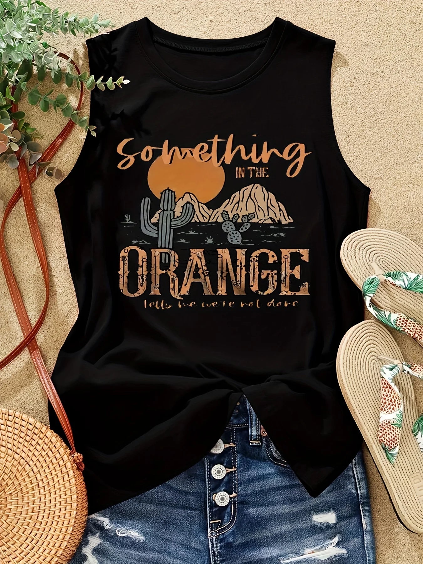 Women's Summer Cactus Letter Print Loose Large Breathable and Comfortable Sleeveless Tank Top T-shirt   Streetwear Oversized O