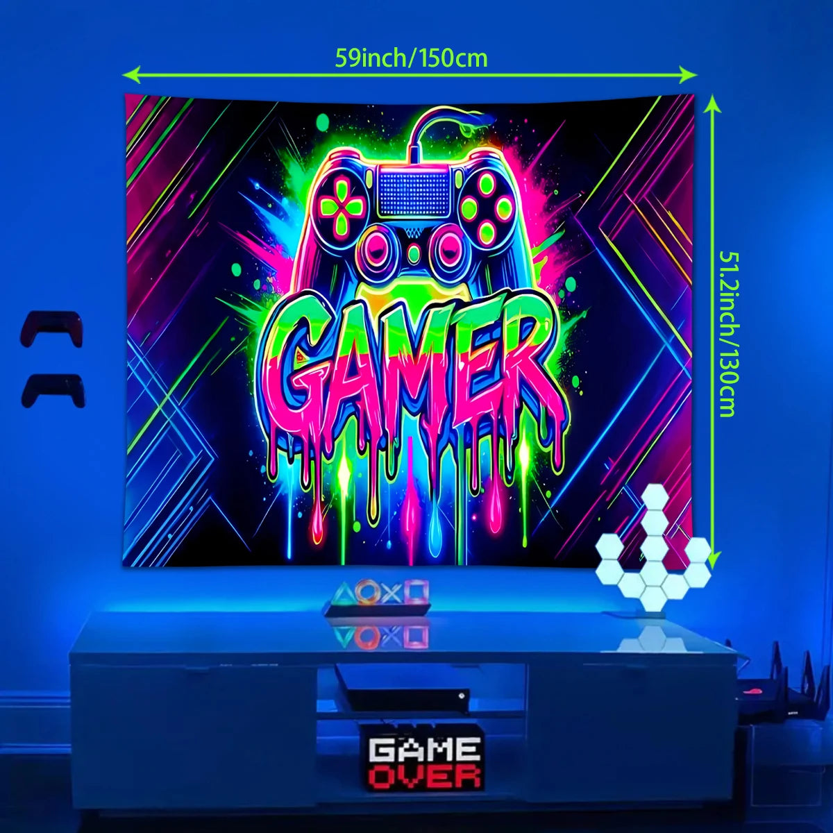 1pc Game controller fluorescent tapestry, UV reactive tapestry, e-sports room, e-sports club background decoration wall hanging