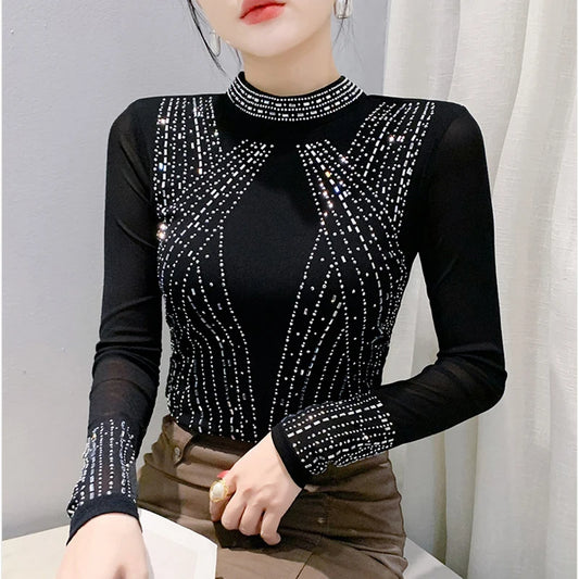 2025 European Station Long Sleeve Women Tees Autumn Winter New Stand collar Hot Diamond T Shirt Fashion Slim Mesh Tops