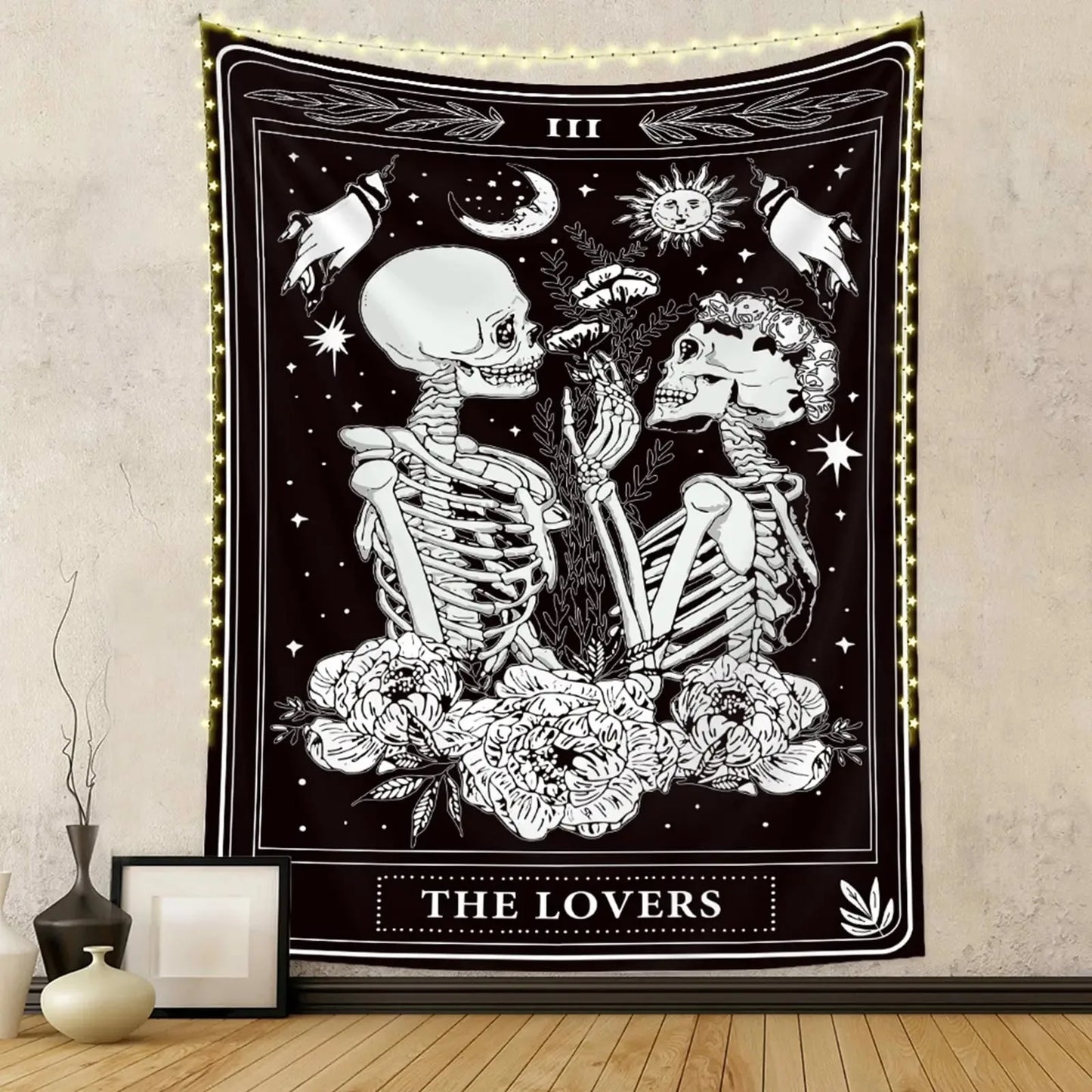 1pc The Lovers Tarot Skeleton Tapestry Floral Moon Sun Pattern Flat Print Hanging Cloth Gothic Romantic Home Decor Bedroom