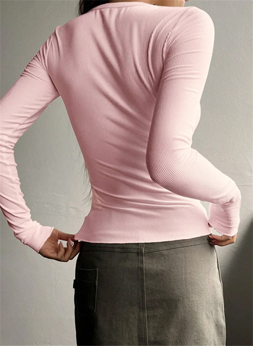 Women's Plain Half Button Front Ribbed Tee Y2K Slim Sexy Basic Pullover Shirt Casual Fit Long Sleeve Round Neck Solid T shirts