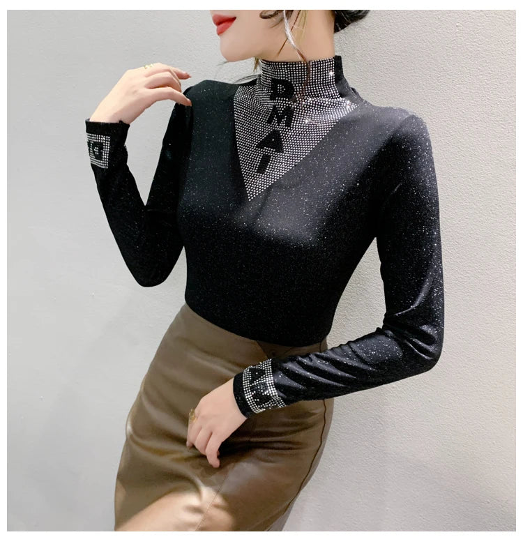 2025 European Station Long Sleeve Women Tees Autumn Winter New Stand collar Hot Diamond T Shirt Fashion Slim Mesh Tops