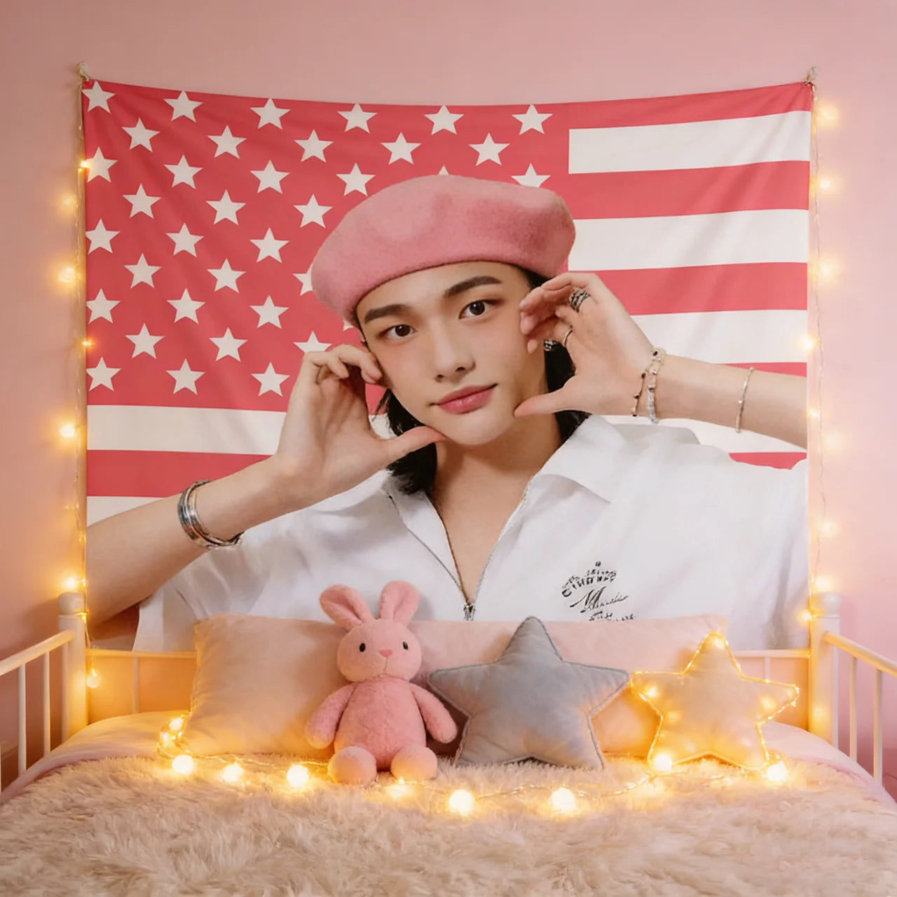 1PC Stray Kids Hyunjin K-Pop American Flag Tapestry | Perfect for Dorm Living Room & Bedroom Decor (Flat Print)