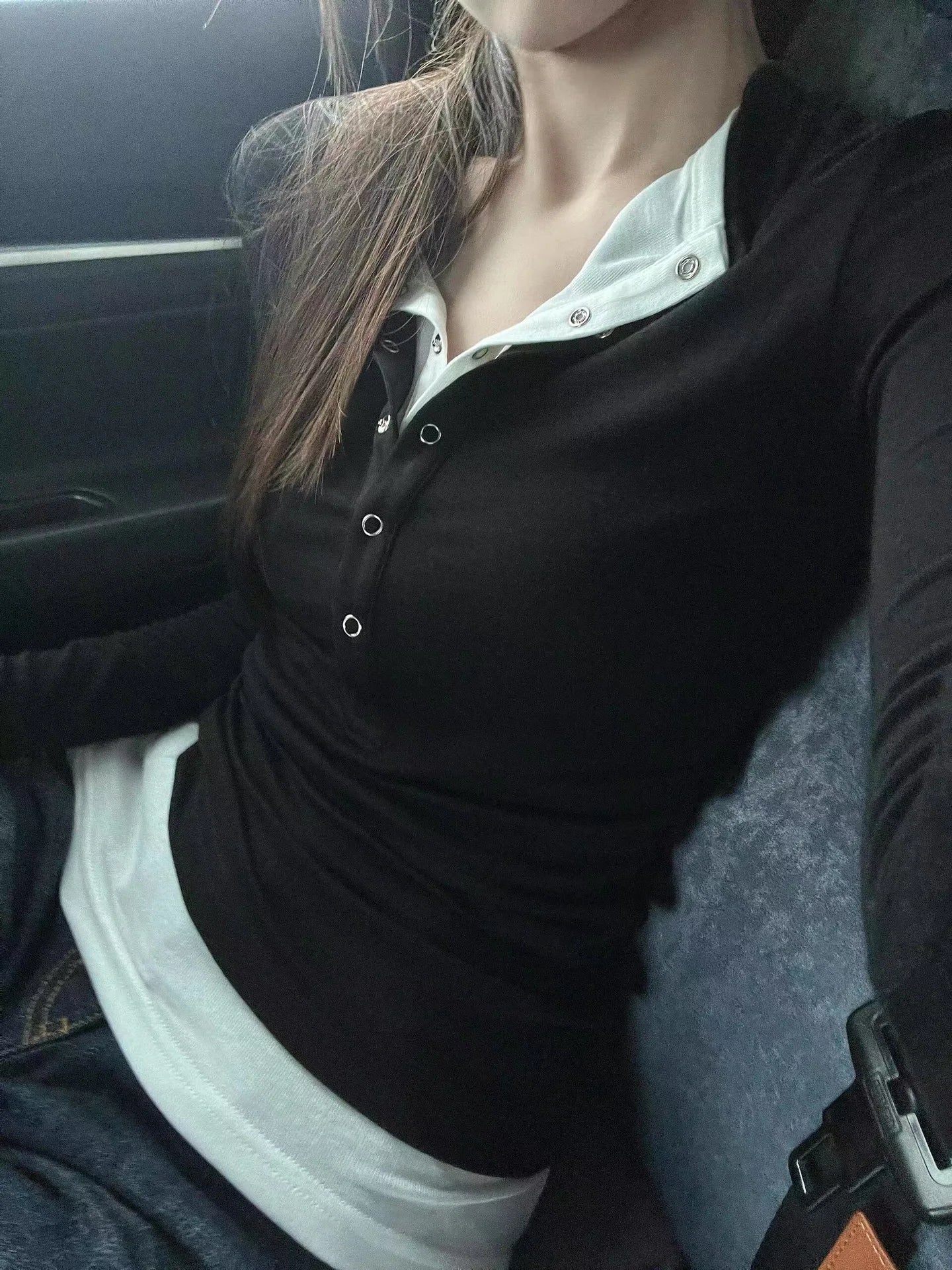 Women's Spring Autumn Long Sleeve T-Shirt Wear Base Shirt Spicy Girl Retro Fake Two-piece V-neck Long-sleeved T-shirt