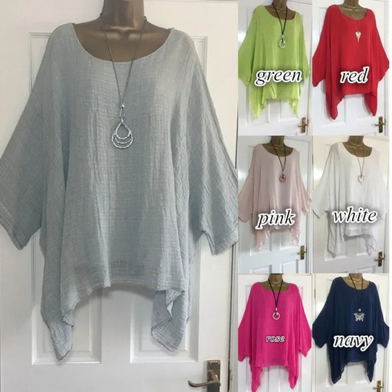 2024 Women t-shirts Plus Size 5XL T-Shirt Linen O Neck Casual Loose Shirt Summer Autumn New Solid Batwing Long Sleeve